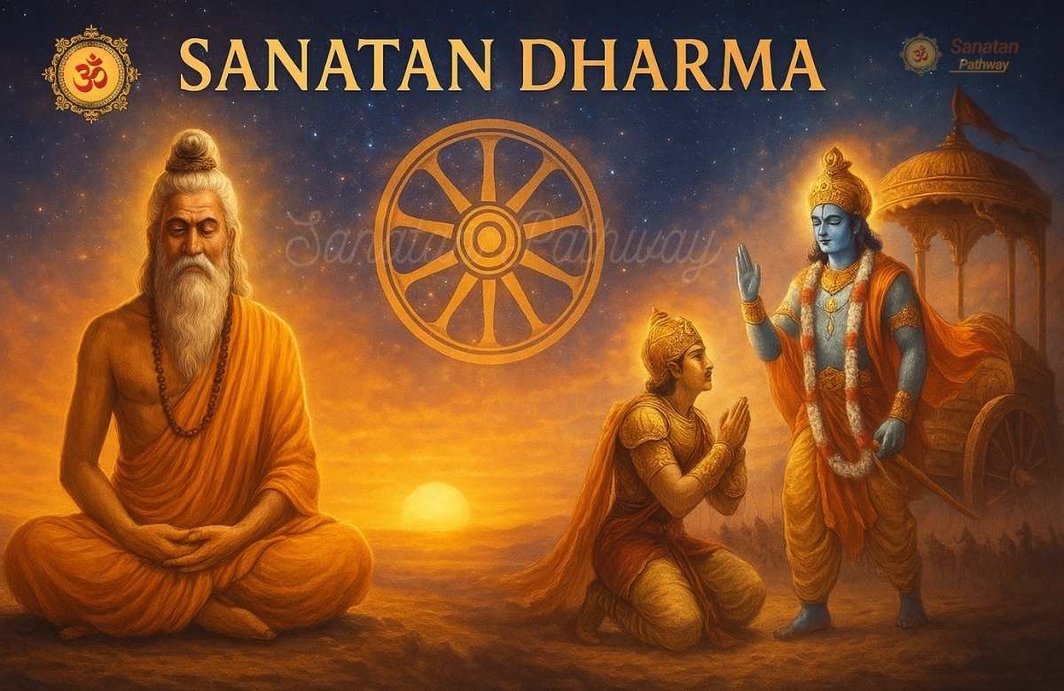 Sanatan Dharma illustration with Krishna-Arjuna, Dharmachakra, and meditating rishi during sunrise.