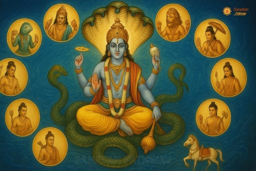 Dashavatar of Lord Vishnu with 10 incarnations illustration