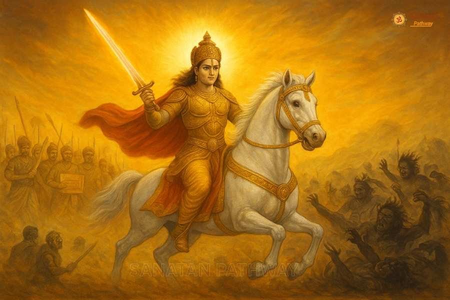 Kalki Avatar of Lord Vishnu riding a white horse with sword