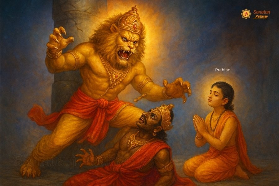 Lord Narsimha protecting Prahlad and killing Hiranyakashipu.