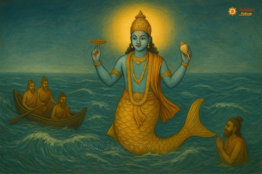Matsya Avatar of Lord Vishnu saving the Vedas