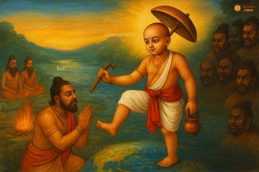 Lord Vamana Avatar blessing King Bali