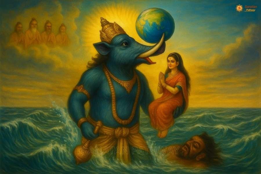 Lord Varaha lifting the Earth on his tusks from the cosmic ocean.