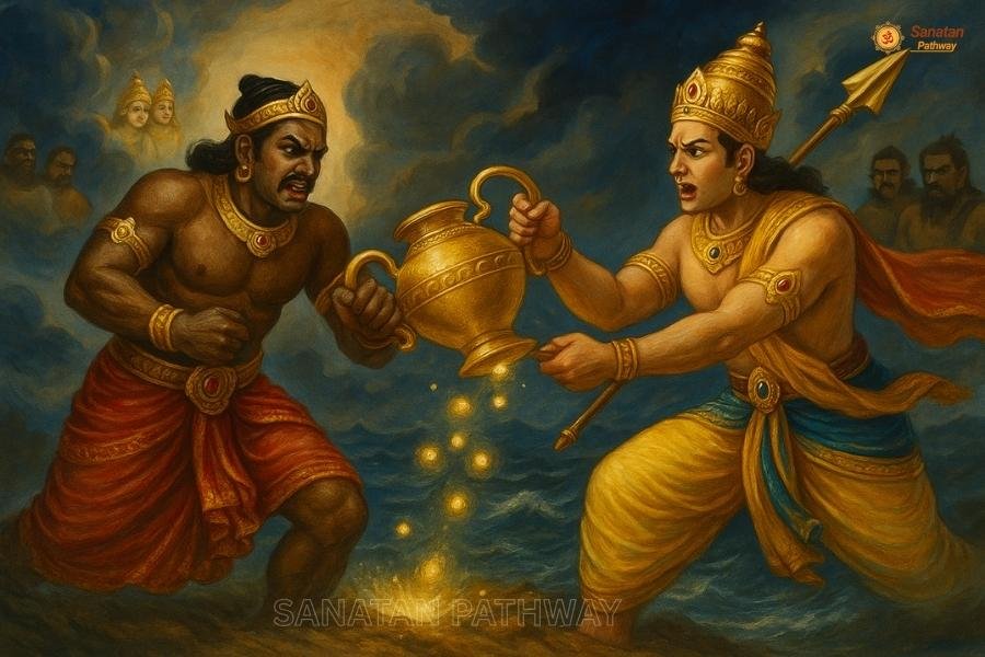 King Bali and Indra fighting over the Amrit Kalash during Samudra Manthan