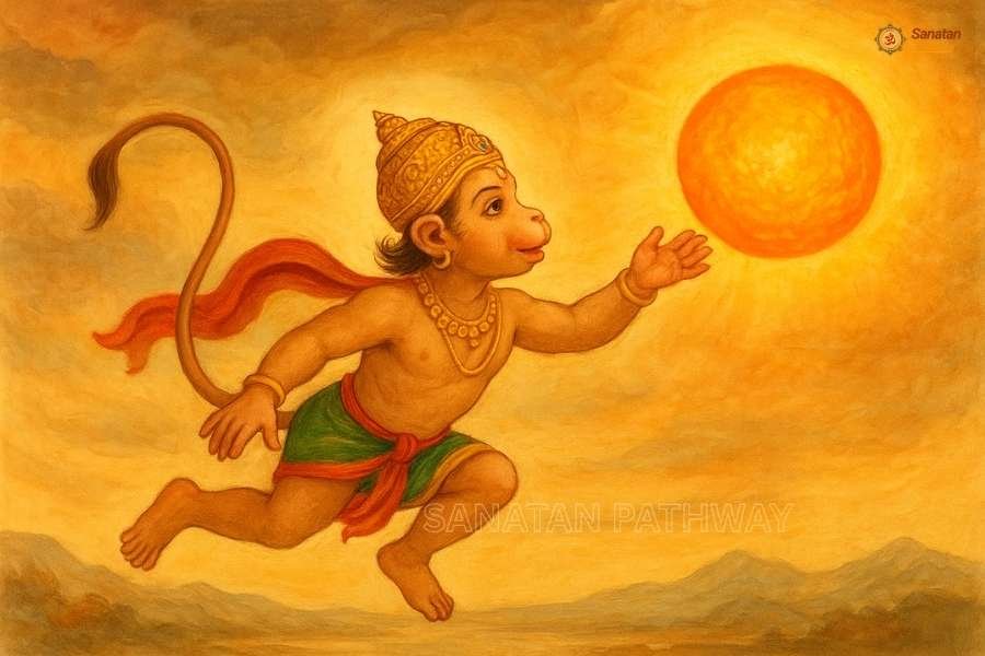 Young Hanuman flying to catch the sun, mistaking it for a fruit