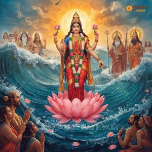 Goddess Lakshmi emerging gracefully from the Samudra Manthan.