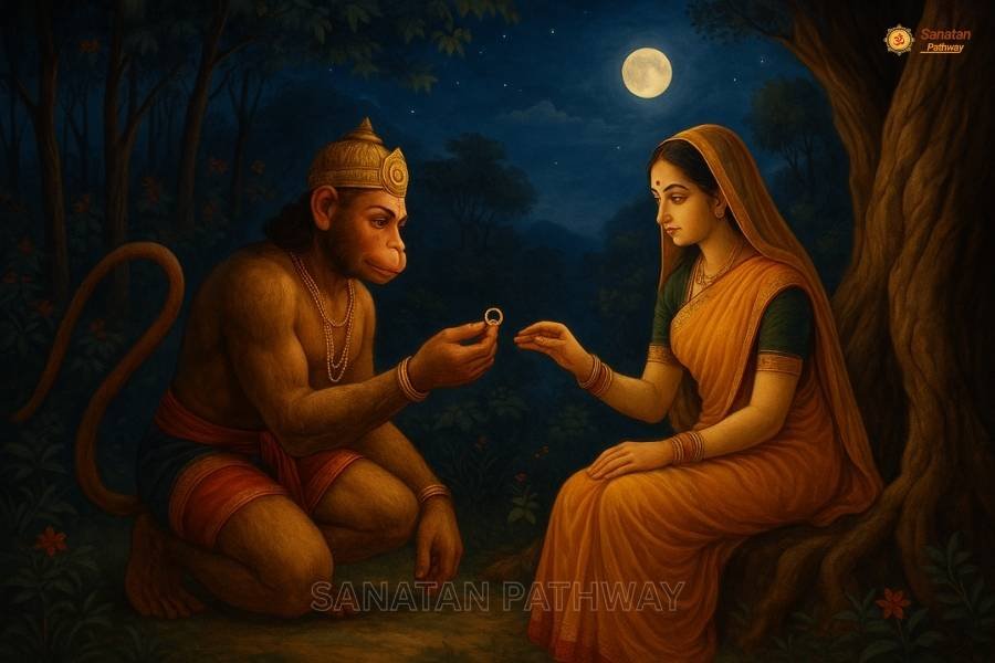 Hanuman offering Shri Ram’s ring to Sita in Ashok Vatika under the moonlight