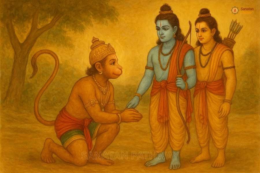 Hanuman meeting Shri Ram and Lakshman in forest