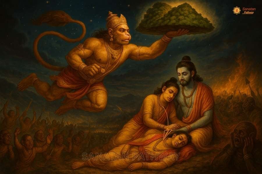 Hanuman flying with Sanjeevani mountain to save Lakshman