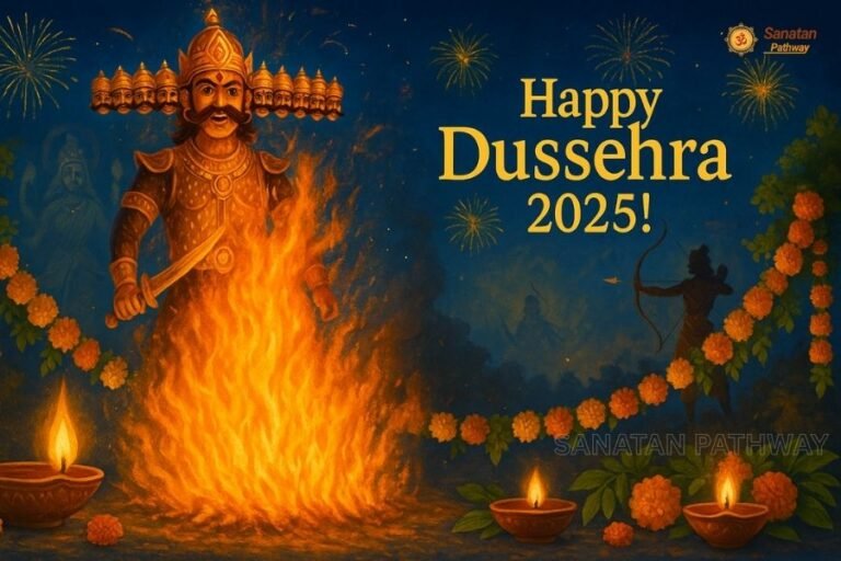Burning Ravana effigy with Lord Rama, fireworks, diyas and marigold decorations – Happy Dussehra 2025