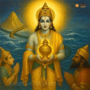 Lord Dhanvantari emerging gracefully from the Samudra Manthan.
