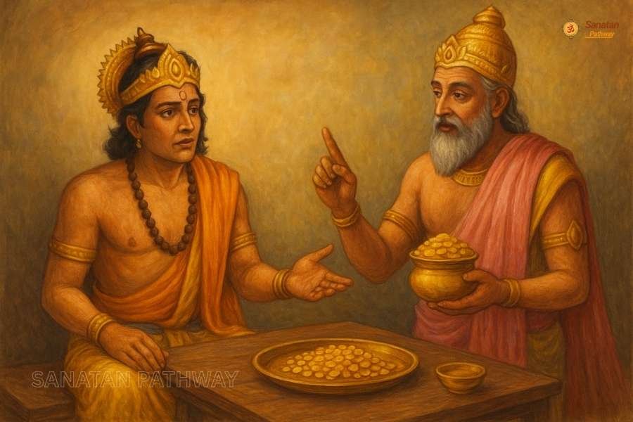 Mythological scene of Karna in heaven being served gold instead of food, highlighting Shradh significance.