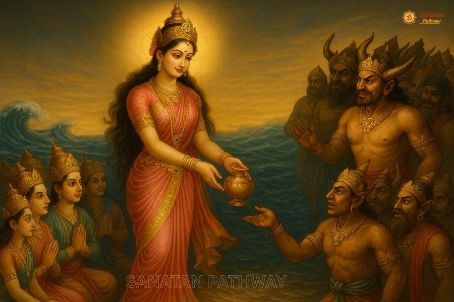 Mohini distributing Amrit to gods during Samudra Manthan