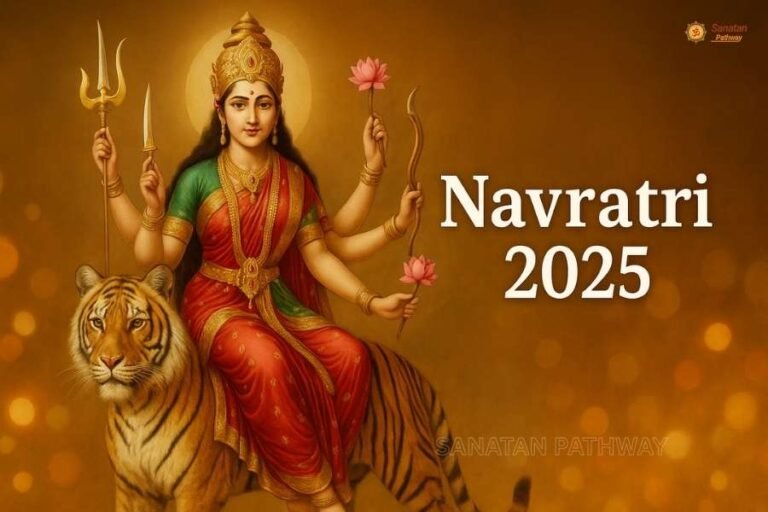 Goddess Durga riding a tiger with weapons and lotus, Navratri 2025