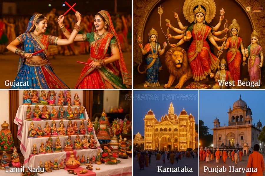 Collage of Navratri 2025 cultural celebrations across India showing Garba in Gujarat, Durga Puja in West Bengal, Golu dolls in Tamil Nadu, Mysore Dussehra in Karnataka, and temples in Punjab Haryana.