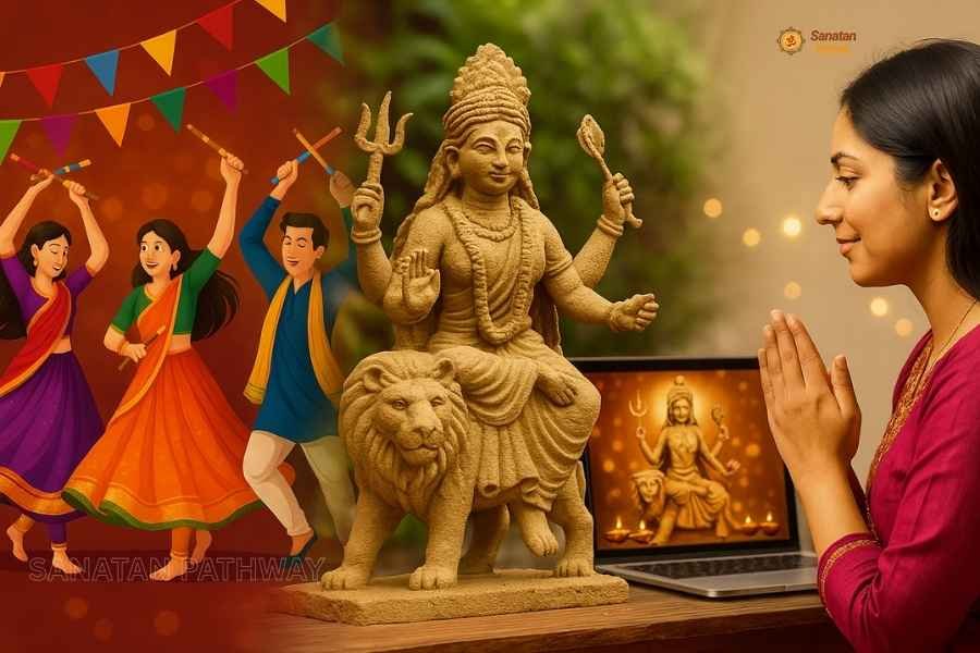 Navratri modern celebrations showing youth dancing Garba, eco-friendly Durga idol, and woman joining virtual puja