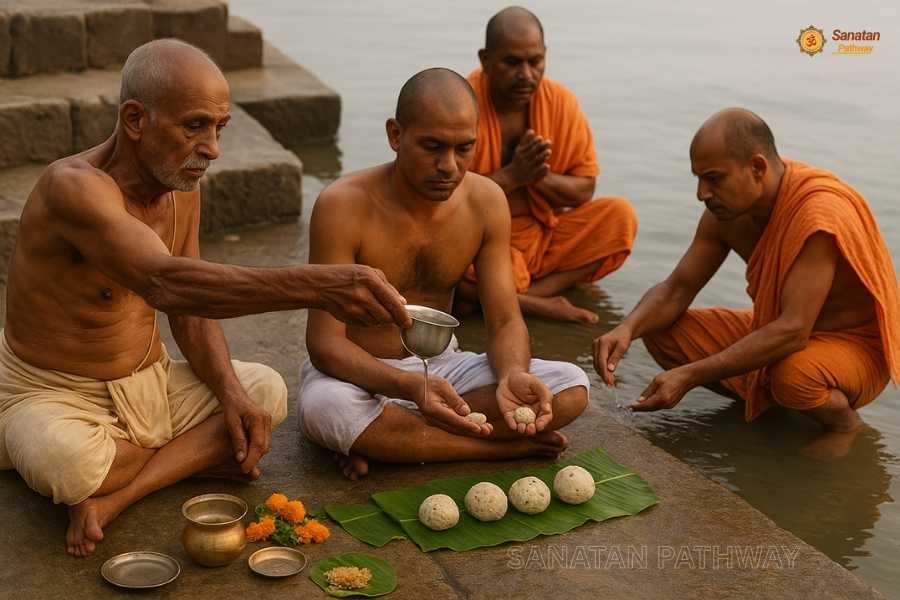 Devotees performing Pind Daan and Tarpan rituals at Ganga ghat during Shradh Paksh