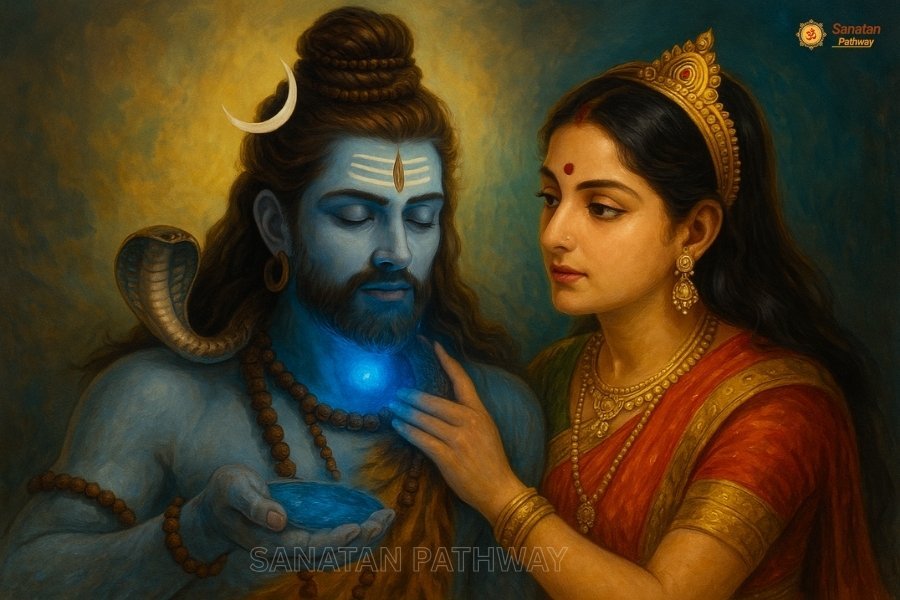 Lord Shiva as Neelkanth drinking Halahal poison during Samudra Manthan with Goddess Parvati supporting him.