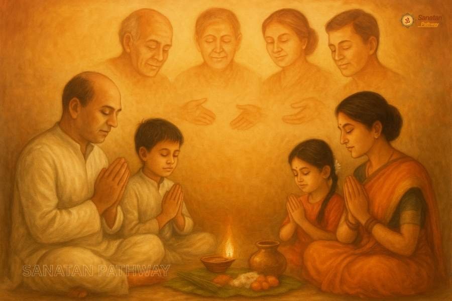 Artistic depiction of ancestors’ souls blessing their descendants during Shradh Paksh