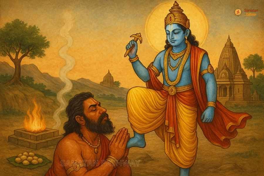 Lord Vishnu placing his foot on Gayasur, blessing him and declaring Gaya as a sacred site for Shradh rituals