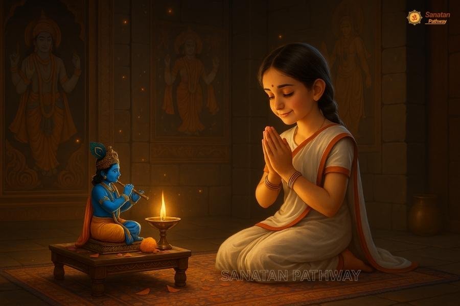 Young Meerabai showing early devotion to Lord Krishna with her childhood Krishna idol
