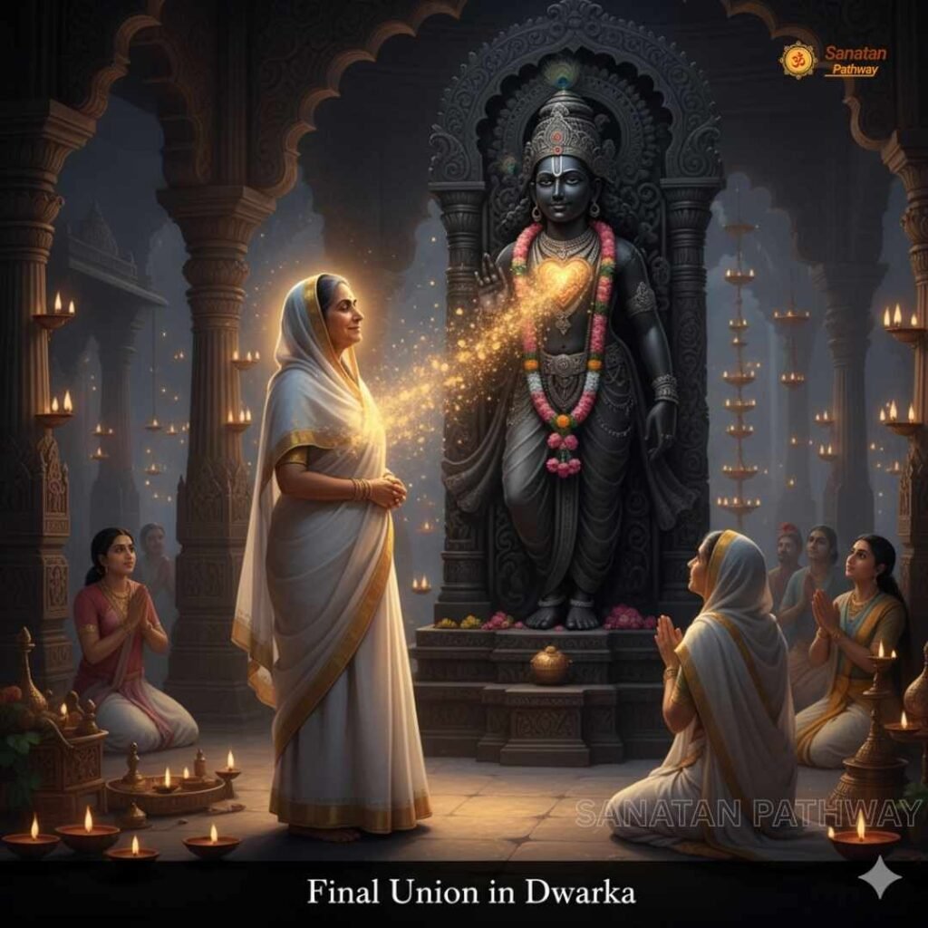 Devotion of Meerabai in Dwarka where she merges into the idol of Lord Krishna in divine union