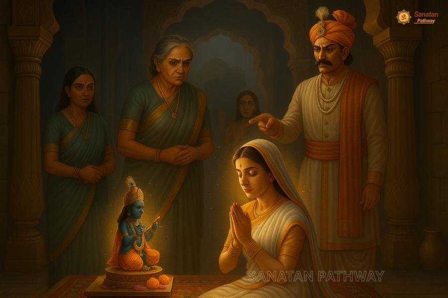 Devotion of Meerabai continuing her worship of Lord Krishna despite opposition from her in-laws