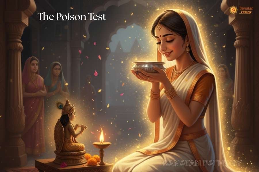Devotion of Meerabai shown as she drinks poison with unshakable faith in Lord Krishna