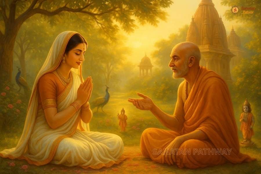 Devotion of Meerabai in Vrindavan meeting saint Shri Jiva Goswami and discussing divine love for Lord Krishna
