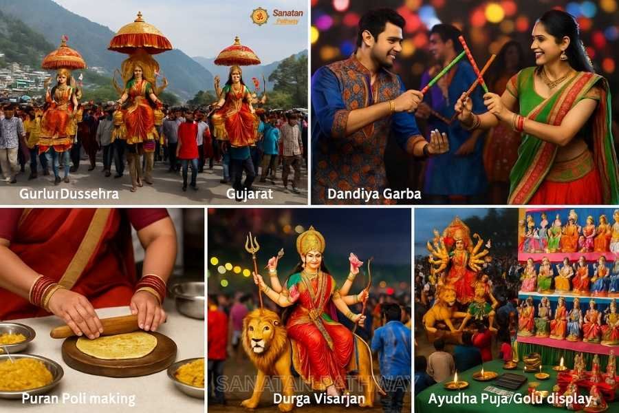 Dussehra 2025 regional celebrations in India: Kullu Dussehra procession, Dandiya Garba dance, Puran Poli making, Durga Visarjan, Ayudha Puja and Golu display