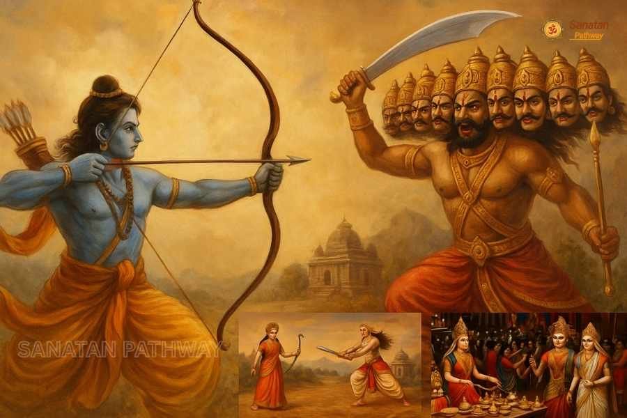 Rama fighting Ravana with Durga and rituals scene